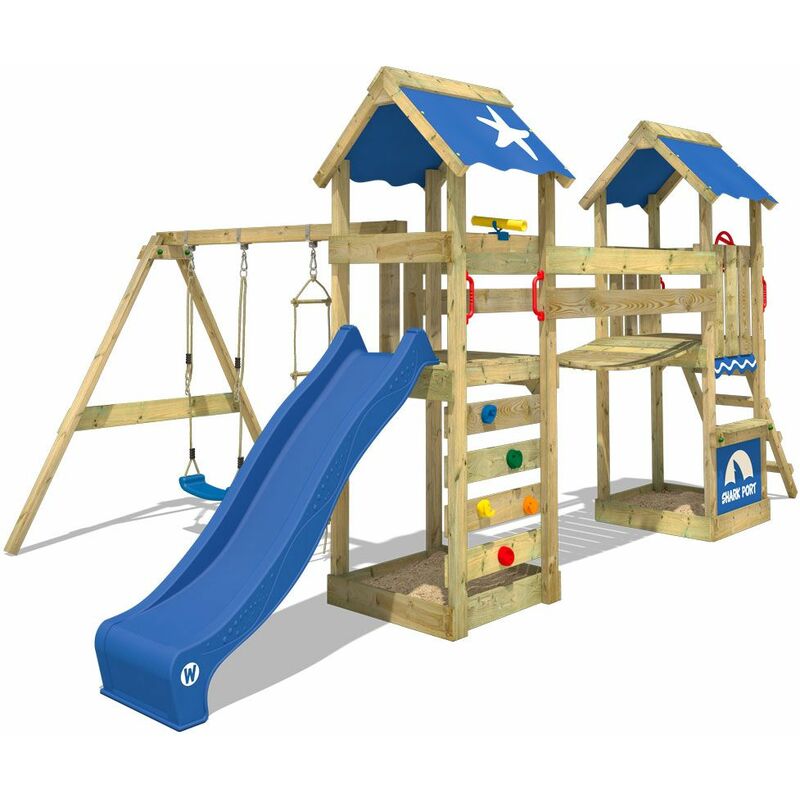 Aire de jeux Portique bois SunFlyer avec balançoire et toboggan bleu Maison enfant exterieur avec bac à sable, échelle d'escalade & accessoires de