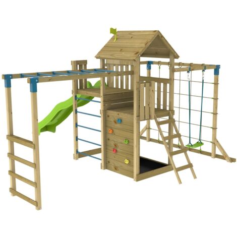 Aire de jeux TILLEUL SKYWOOD double plateforme - filet à grimper - balançoire - bac a sable - toboggan - bois FSC®