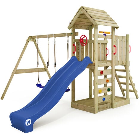 Aire de jeux WICKEY MultiFlyer - Toit en bois - Balançoire - Toboggan - Maison enfant extérieur - Bac à sable - Échelle d'escalade - Accessoires de jeux - Bleu