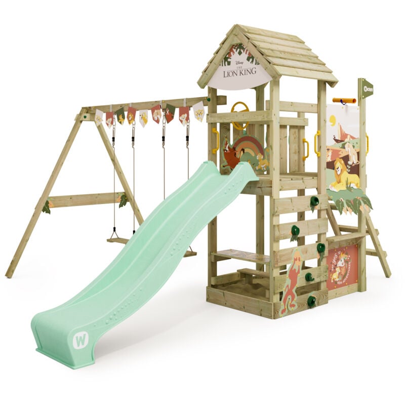 Wickey - Aire de jeux Portique Disney Adventure avec balançoire et toboggan, maison pour enfants avec toit en bois, bac à sable, échelle d'escalade &