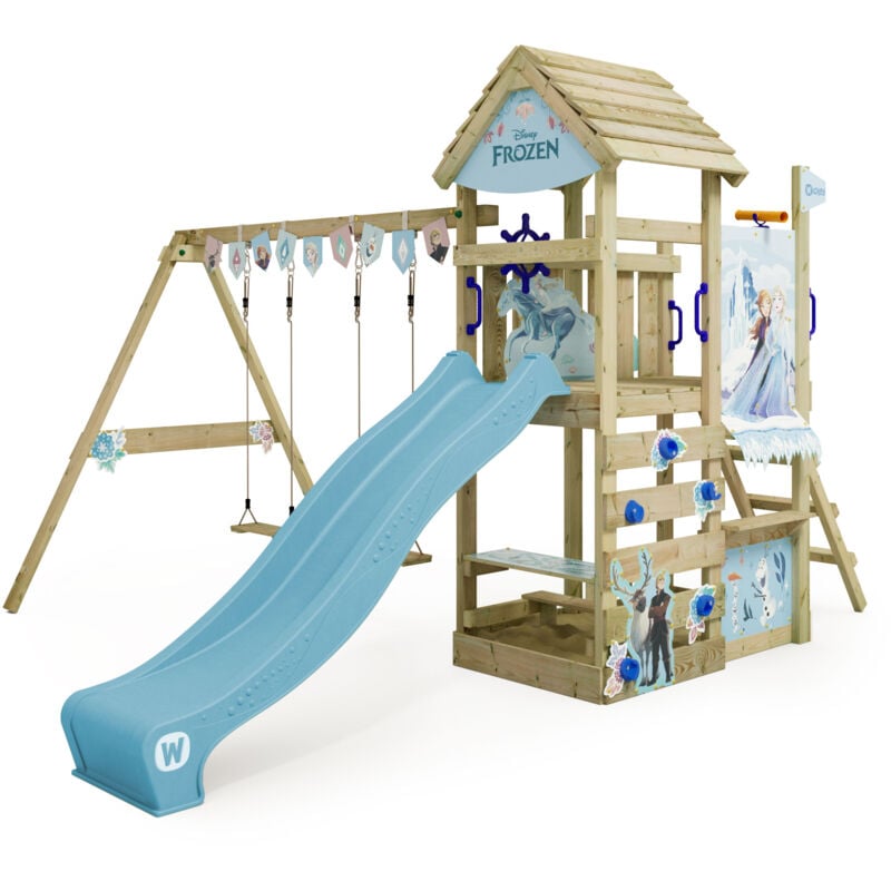 Wickey - Aire de jeux Portique Disney Adventure avec balançoire et toboggan, maison pour enfants avec toit en bois, bac à sable, échelle d'escalade &
