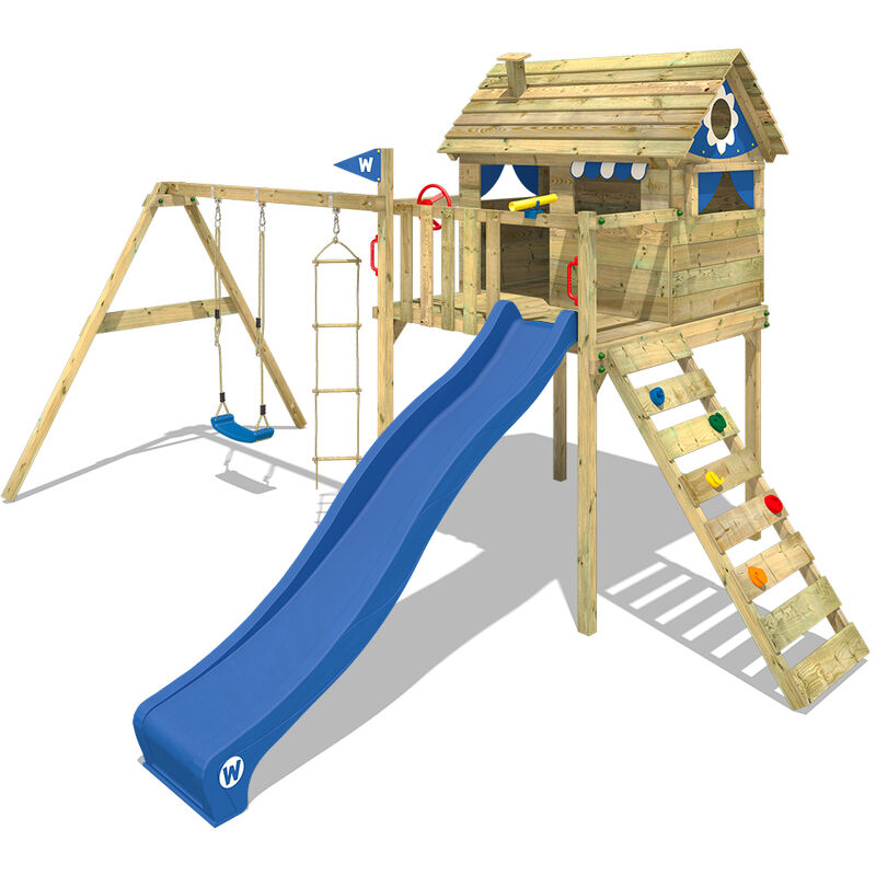 Wickey - Aire de jeux Portique bois Smart Plaza avec balançoire et toboggan bleu Maison enfant sur pilotis avec échelle d'escalade