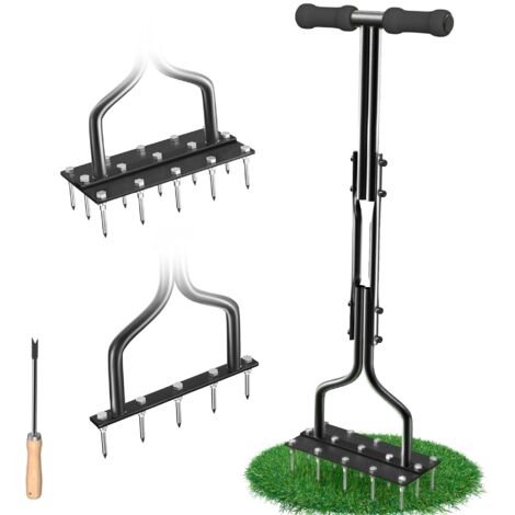 Aireador de césped manual de metal para escarificar céspedes con 15 púas de hierro, herramientas para airear el césped en jardines, aireación del césped, herramienta de jardín, mango negro.