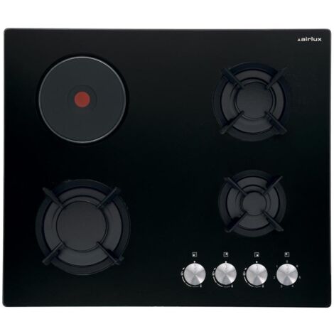 Airlux – Plaque de cuisson mixte 60cm 4 feux noir – 3 foyers à gaz et 1 électrique – Puissance 7150W – Système de sécurité thermocouple - AV647HBK
