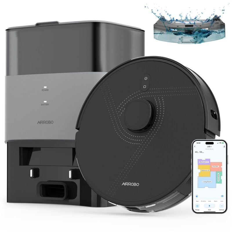 Airrobo - L40+ aspirateur robot laveur, auto-vidage, capacité de 60 jours, cartographie de maison, programmation, wifi/app/alexa/télécommande,