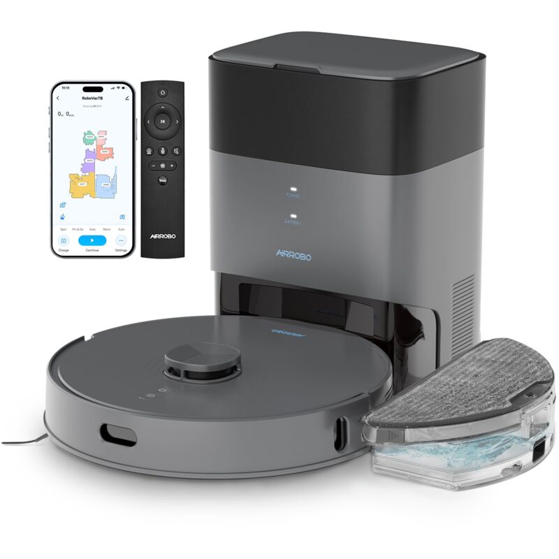Airrobo - L50+ Aspirateur Robot Laveur 3 en 1, Aspiration Puissante de 5500Pa, Autovidange, Capacité de 60 Jours, Autonomie de 240 Min, Contrôle par