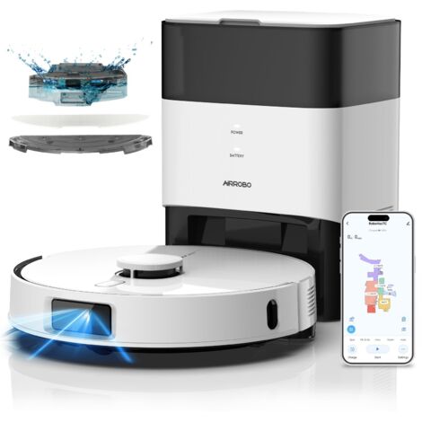 AIRROBO L60+ Aspirateur Robot Laveur 3 en 1, Aspiration Puissante de 6000Pa, Autovidange, Capacité de 60 Jours, Autonomie de 240 Min, Auto-Boost Intelligente, Cartographie Multi-étages, Idéal pour Sol