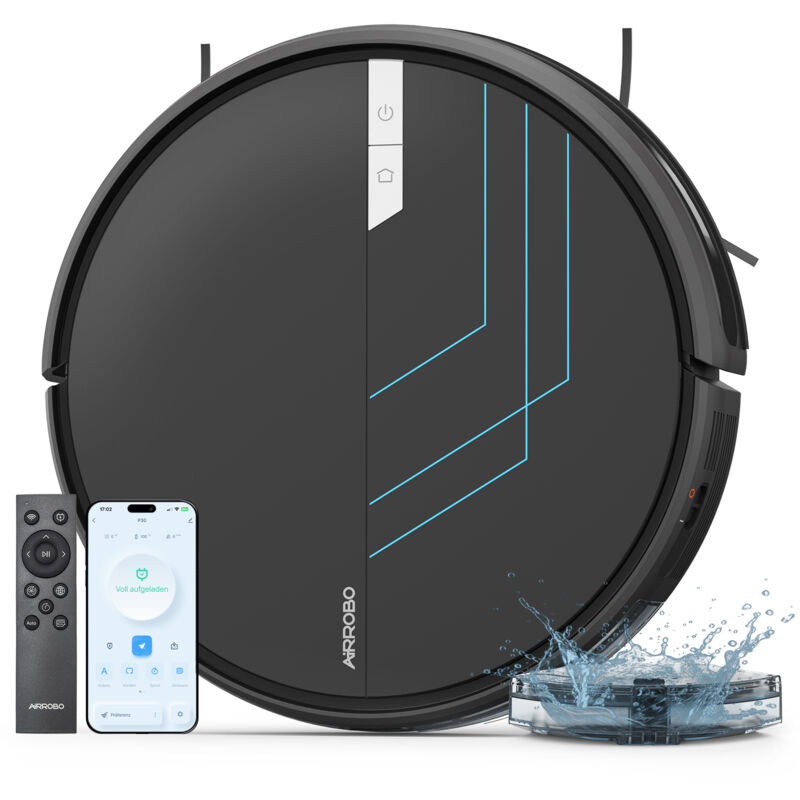 Airrobo - P30 Aspirateur Robot Laveur 3 000Pa, Wi-Fi/App/Alexa, Auto-chargeur pour Sols Durs, Poils d'Animaux et Tapis à Poils Bas, Design Fin,