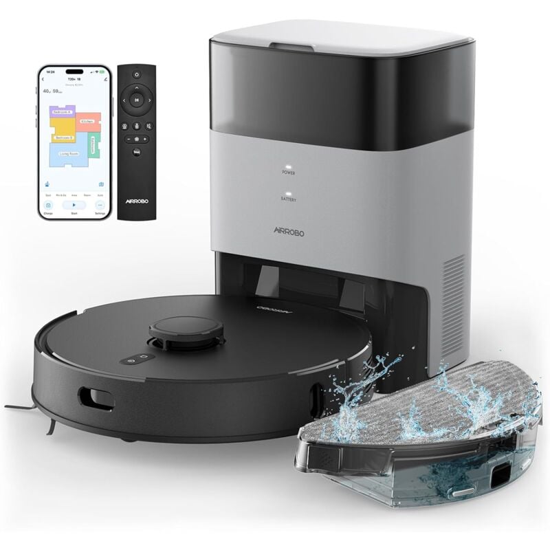 Airrobo - T20+ Aspirateur Robot Laveur, Auto-vidage, Capacité de 60 Jours, Cartographie de Maison, Programmation, WiFi/APP/Alexa/Télécommande,