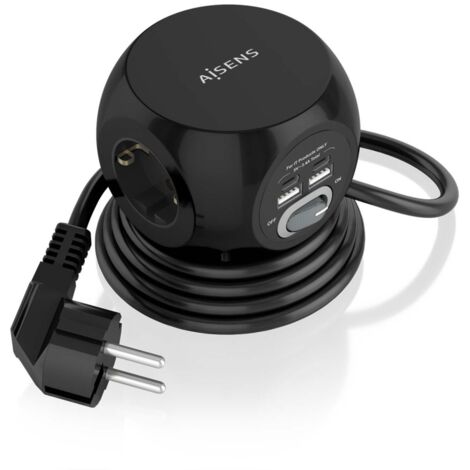 AISENS Bloc multiprises de table multifonctionnel de avec 3 prises + 2xUSB-C, 2xUSB-A, 1.4M, Noir