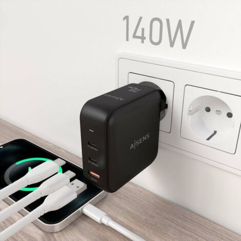 AISENS - CARGADOR GaN 140W, 2xUSB-C PD3.1 QC4.0, 1xUSB-A QC3.0, NEGRO