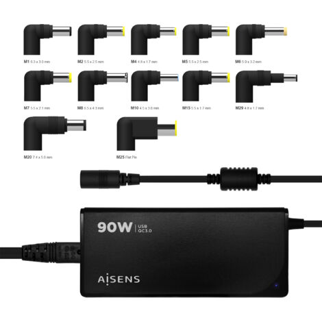 Aisens chargeur 90w automatique universal multivoltage avec 12 connecteurs + usb-a qc.3.0