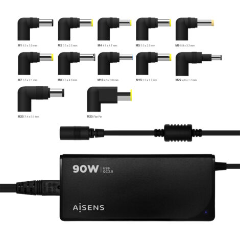 Aisens chargeur 90w automatique universal multivoltage avec 12 connecteurs + usb-a qc.3.0
