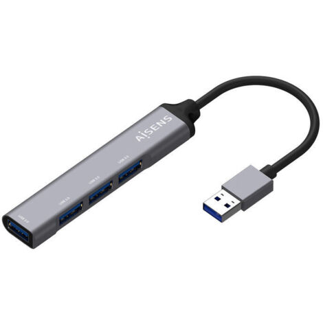 AISENS HUB USB 3.0 aluminio, tipo A/M-4xtipo A/H, gris, 10cm
