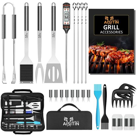 AISITIN Ustensiles Barbecue Kit Barbecue 25 Pièces Accessoire Barbecue Acier Inoxydable pour Camping Barbecue Cadeau Homme