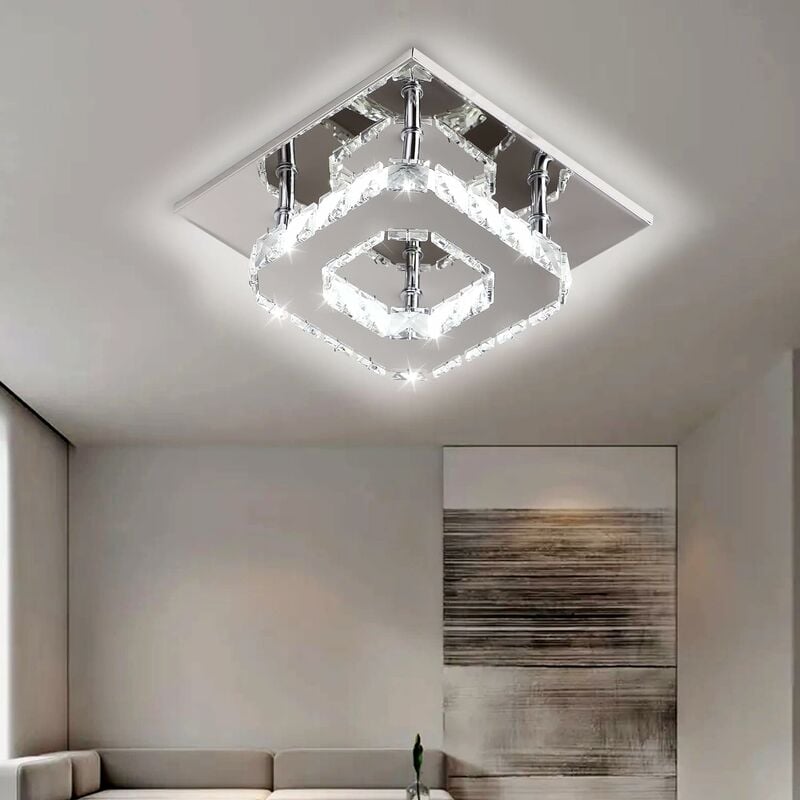 Aiskdan Plafonnier LED en cristal 3000K Lustre carré salon intégrée Chandelier cuisine Plafond LED Crystal moderne Acier inoxydable 12W LED
