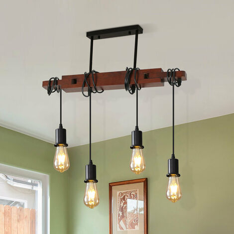 AISKDAN Suspension Rétro Industriel - Lampe Vintage en Bois 4 Lumières E27 pour Salle à Manger Salon (Ampoule Non Incluse)