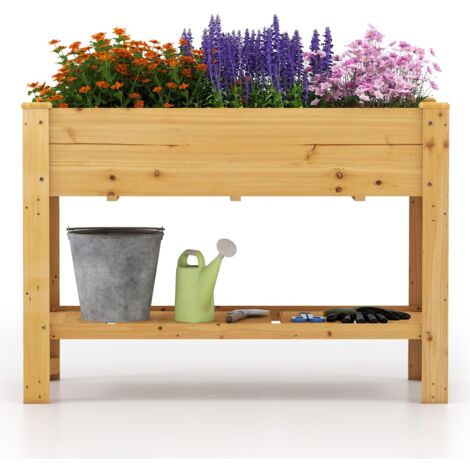 Aiuola da giardino in legno rialzata, Fioriera con gambe e ripiano contenitore per erbe Naturale