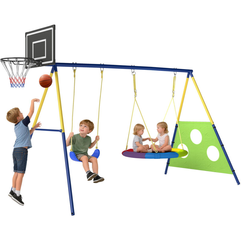 Aiyaplay 4-in-1 Kids Swing Set with Swing, Basketball Hoop, Football Goal