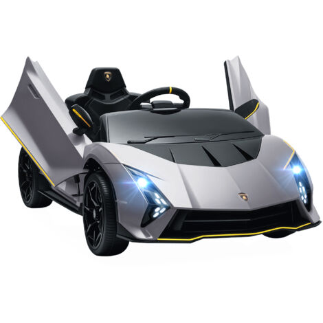 AIYAPLAY coche eléctrico para niños de +3 años Lamborghini Autentica con batería 12V mando a distancia faros bocina arranque suave y música MP3 gris