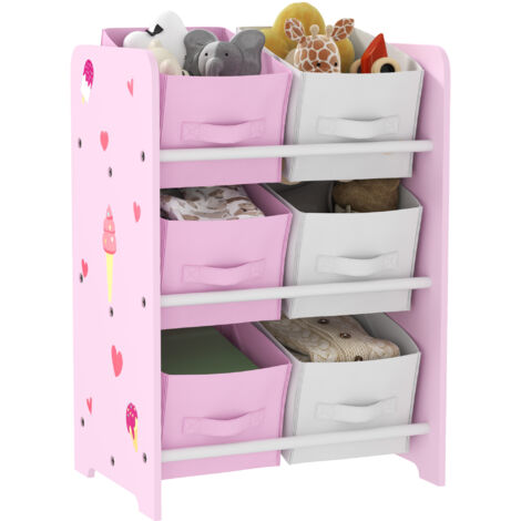 AIYAPLAY estantería infantil para niños de +3 años estantería para juguetes con 6 cajas de tela no tejida para dormitorio guardería 43x30x60 cm rosa