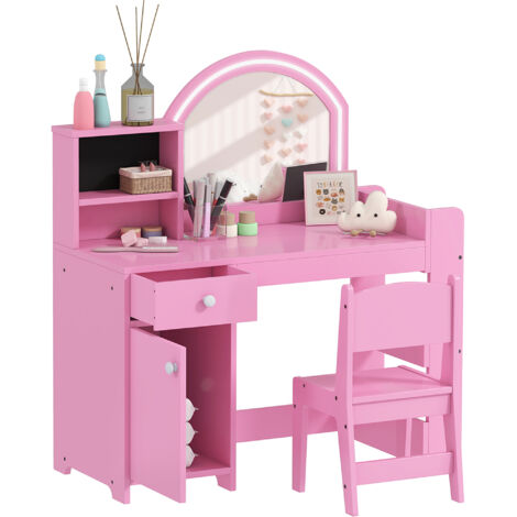 AIYAPLAY Girls Dressing Table with 2-Colour LED Mirror and Stool, Pink