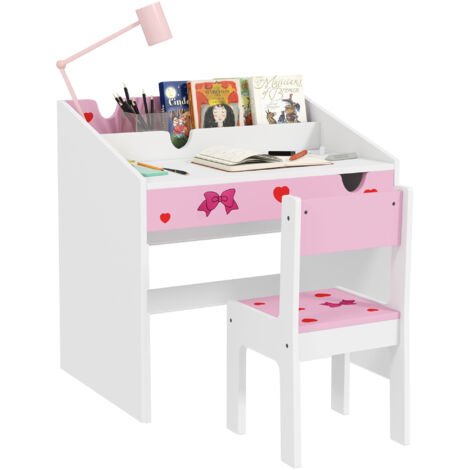 AIYAPLAY juego de escritorio y silla para niños de +3 años pupitre infantil con cajón extraíble y compartimento para dormitorio sala rosa y blanco