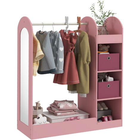AIYAPLAY Kids Clothes Rail with Storage Shelf, Boxes, Mirror, Pink