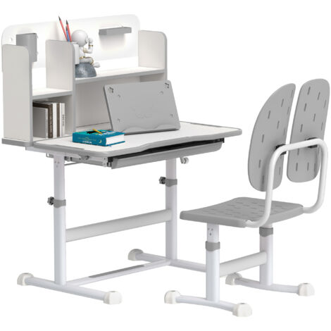 AIYAPLAY Kids Desk and Chair Set w/ Tiltable Desktop, Reading Rack, Grey
