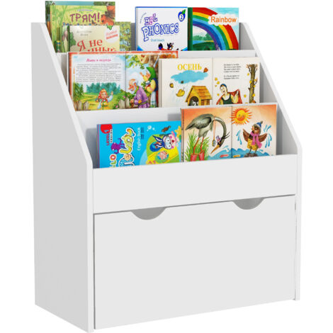 AIYAPLAY librería infantil de 4 niveles, estantería para libros infantil con 3 estantes abiertos y 1 cajón con ruedas, 62,5x30x70 cm, blanco
