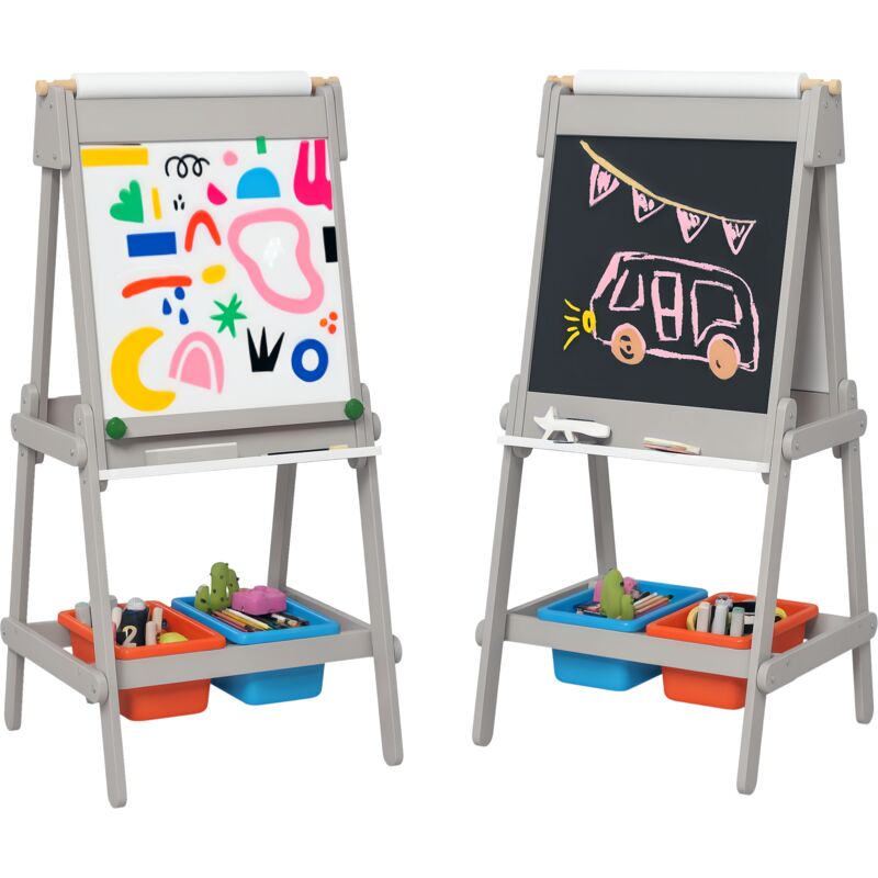 Pizarra infantil caballete de pintura para niños pizarra de doble cara con rollo de papel borrador y cajas de almacenamiento gris - Aiyaplay