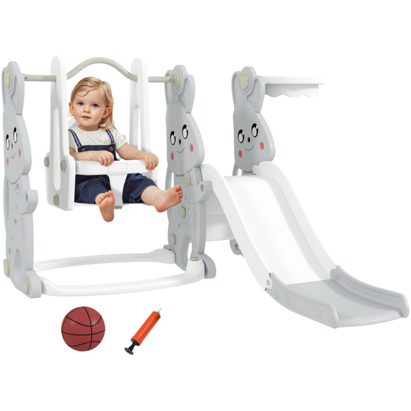 Aiyaplay Rutsche 4-in-1 Kinderrutsche Mit Schaukel, Klettergerüst, Basketballkorb, Kinder Spielplatz Mit Hasendesign Kleinkinderrutsche Für Indoor Und