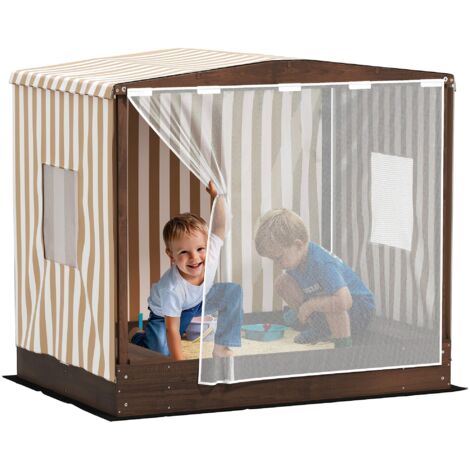 AIYAPLAY Sandkasten mit Vordach und Netztür, 142 x 101,5 cm Sandkiste aus Holz Sandbox mit Sitzbank, Stauraum, Bodenschutz, für 4 Kinder 3-6 Jahre Braun