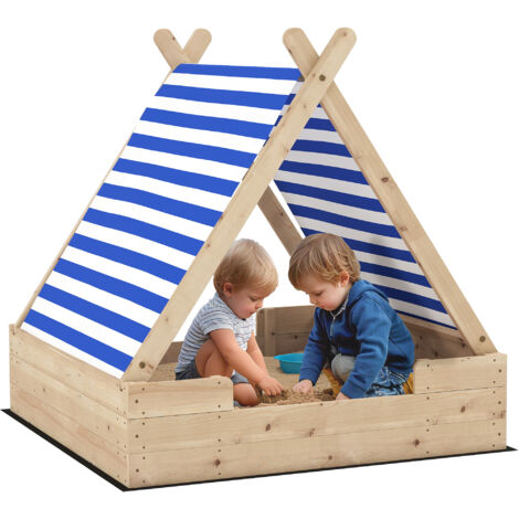 Sandkasten Mit Dach & Sitzbank Aus Holz – Inkl. Bodenfolie & Plane, Für Garten & Outdoor