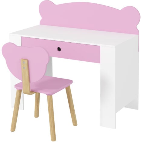 AIYAPLAY Set Scrivania con Cassetto e Sedia per Bambini a Orsetto 3-8 Anni Rosa