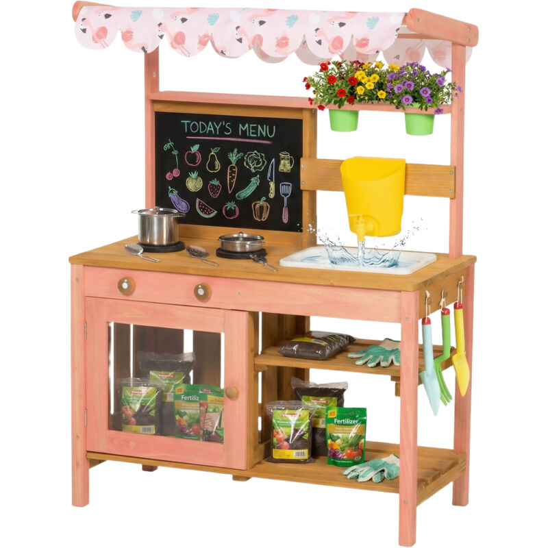 Aiyaplay Wooden Kids Mud Kitchen with Canopy, Planter Box, Pink