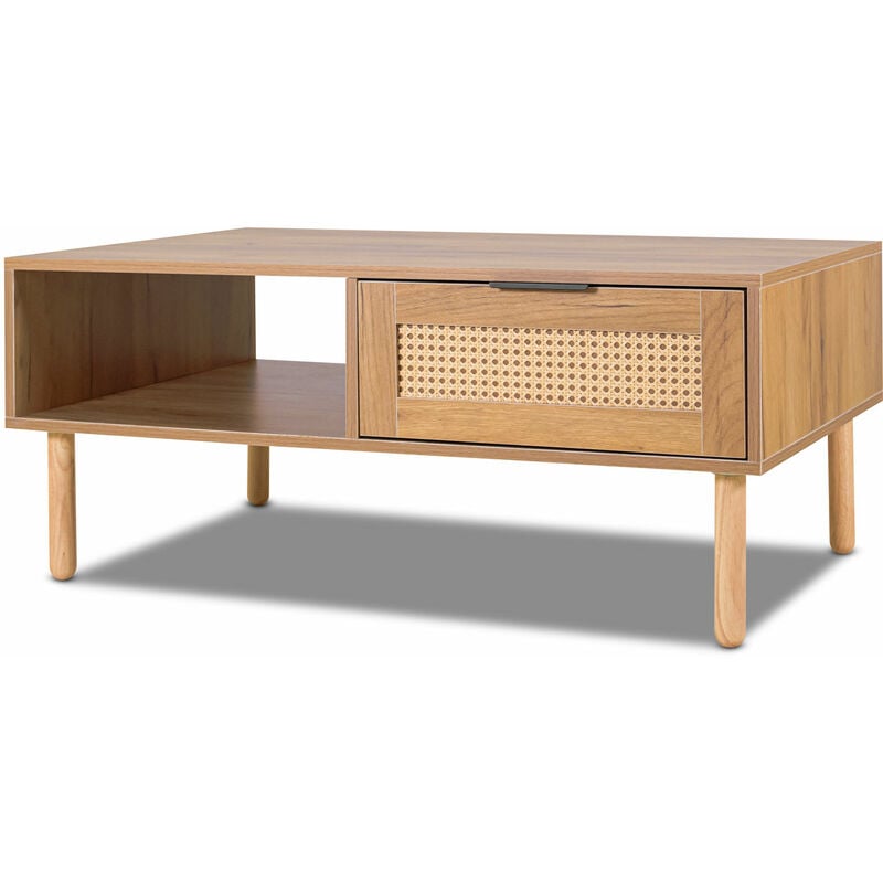 Frankystar - Akela - Table basse en bois et rotin, 2 tiroirs et compartiment ouvert