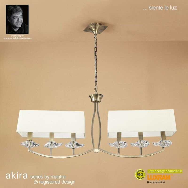 Akira 2 Arm Pendelleuchte 6 Lampen E14, antikes Messing mit cremefarbenem Schirm