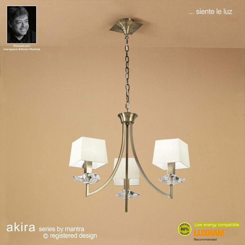09diyas - Akira Pendelleuchte 3 Lampen E14, antikes Messing mit cremefarbenem Schirm