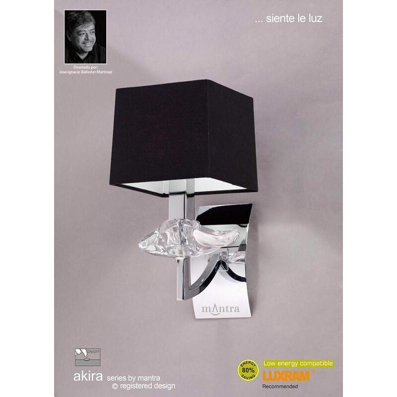 09diyas - Akira wall light with 1-light switch E14, polished chrome with black lampshade