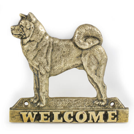 Akita, Akita Inu - cartel de puerta con un perro, placa de bienvenida de latón, cartel único con la inscripción Welcome de Art-Dog