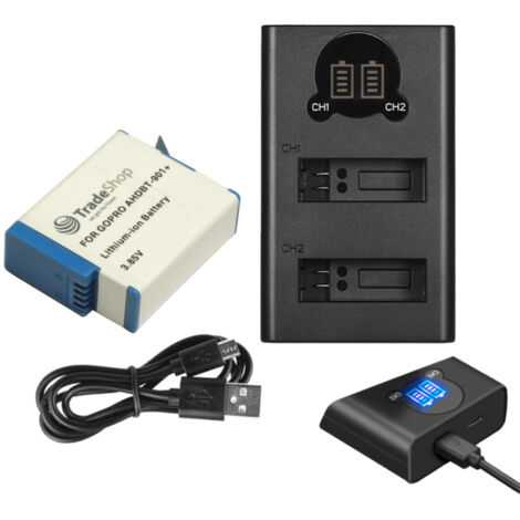 Akku + 2-fach Ladegerät USB-C für GoPro Hero 12 Black AHDBT-901+ SPBL1B CHDFB-111 CHDHX-101 CHDHX-901 / Ladestation mit Micro-USB Kabel