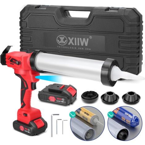 Akku Kartuschenpressen Set, bis zu 7.840N, Silikonspritze für 310 ml Kartuschen, Weichgummi Zylinder max 600 ml, 6-stufig Einstellbar, mit 2x Li-Ion-Akku, Kartuschenpistole Silikonpistole 500W