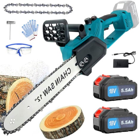 MAWIRON Akku-Kettensäge, 12 Zoll bürstenlose kabellose elektrische Kettensäge, geschmierte Kettensäge mit Ketten + 2 5,5-A-Akku + Ladegerät, kompatibel mit Makita-Akku
