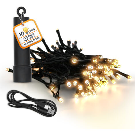 Akku Lichterkette per USB aufladbar bis 10 Tage Leuchtdauer mit Timer - 100 LED auf 7,4m - Außen Dekolicht warm weiß mit 8 Funktionen