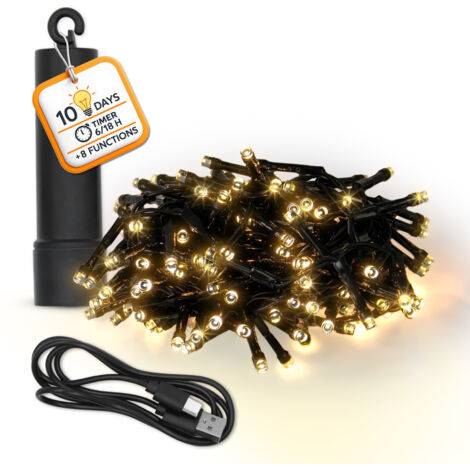 Akku Lichterkette USB aufladbar bis 10 Tage Leuchtdauer mit Timer - 160 LED auf 4m - Außen Dekolicht warm weiß mit 8 Funktionen