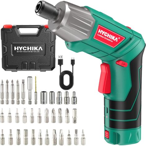 Akkuschrauber, 6N·m Max. Drehmoment HYCHIKA 2000mAh 3,6V Li-Ion Akku mit 36 Zubehörteilen, LED-Licht und Taschenlampe, Ratschenschlüssel, Ladeadapter mit USB Kabel und Aufbewahrungsbox für Schrauben