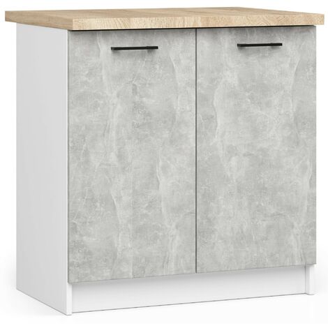 Akord – Armoire de cuisine basse 80 cm – 2 portes avec façade béton – 2 étagères – Panneau stratifié blanc – Dimensions 80x46x85 cm