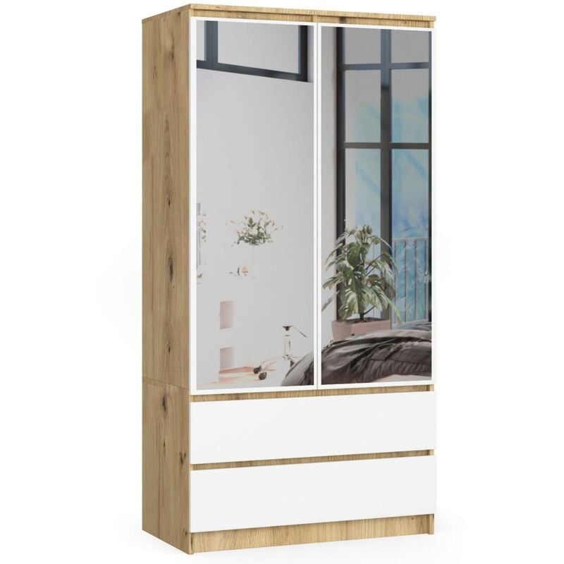 Akord - Armoire S90 avec miroir Chêne Artisan 90 cm 2 portes 2 tiroirs façade Blanche 4 étagères 90x51x180 cm