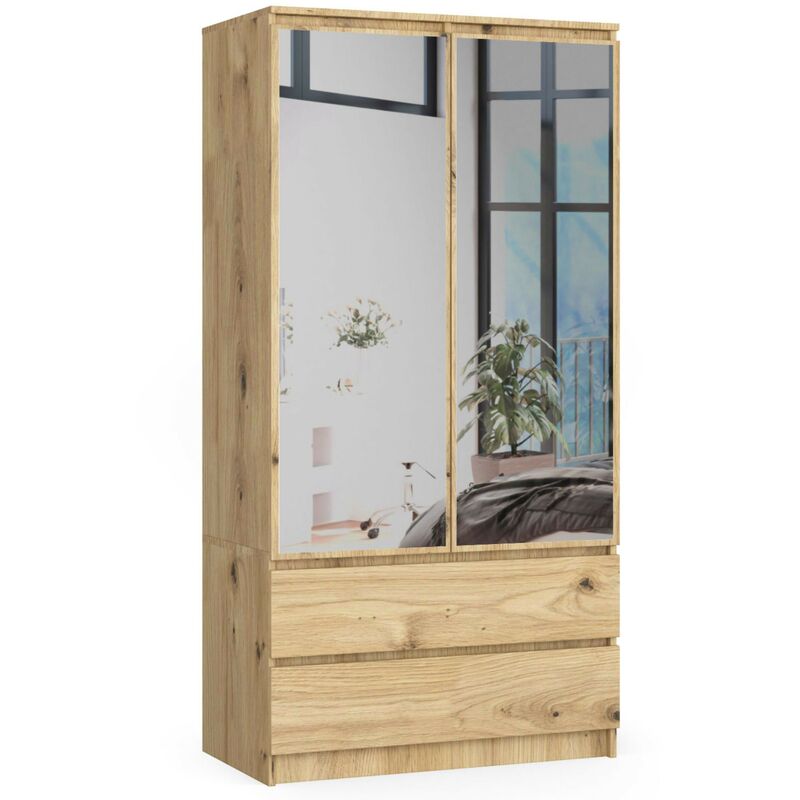 Armoire AKORD S90 avec miroir Chêne Artisan 90 cm 2 portes 2 tiroirs façade Chêne Artisan 4 étagères 90x51x180 cm